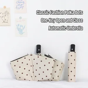 Automatic polka dot umbrella with UV protection and matching sleeve for sun and rain