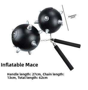 Detailed view of black inflatable mace toy with silver spikes and dimensions shown