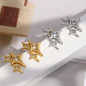 Polished 18K gold and silver stainless steel four-pointed star stud earrings set