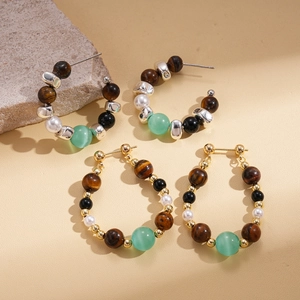 Retro tiger eye and pearl beaded hoop earrings with silver pins for women