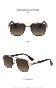 Detail view of gold square metal sunglasses with brown gradient lenses in C3 Gold Brown Gray