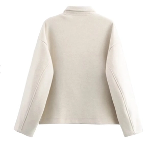 Rear view of cream-white long-sleeved jacket with turnover collar and clean cut