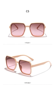 Detail view of square pink sunglasses with gradient lenses and wide temples in C5 model