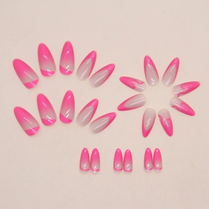 Fuchsia gradient French almond press-on nails with glitter and swirl details