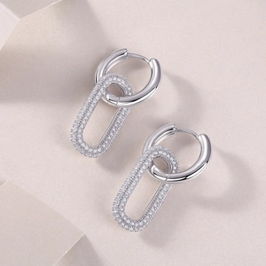 Elegant S925 sterling silver drop earrings with full moissanite pavé in geometric link design