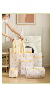 Detail showing hand placing a knit sweater into a fine mesh laundry bag with bear print