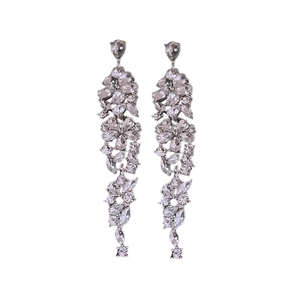 Elegant silver flower tassel earrings with sparkling crystals and long dangling chains