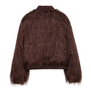 Detailed back view of a plush dark brown faux fur jacket with soft textured fibers