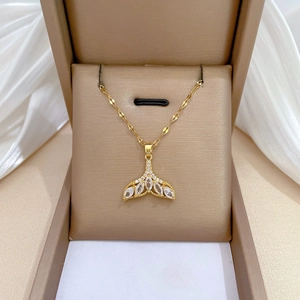Fishtail Pendant Necklace Stainless Steel Chain With Zircon Inlaid Copper Mermaid Tail Gold Tone Jewelry For Women
