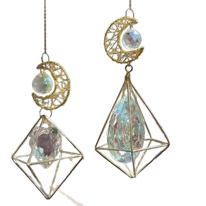Dual suncatcher set with crystal moon and geometric metal prism window pendants