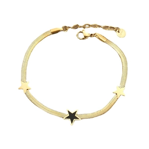 Gold stainless steel snake chain bracelet with black and gold star charms on white background