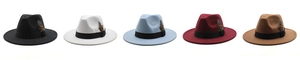 Flat lay of five felt fedora hats with feathers in black, wine red, and camel colors