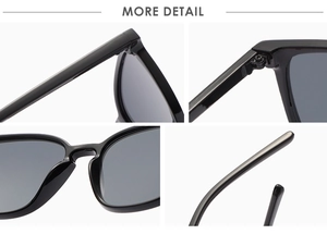 Close-up of square sunglasses featuring reinforced metal hinges and glossy black frames
