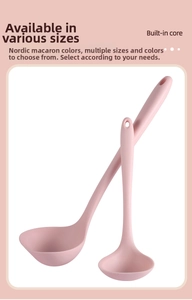 Pink food-grade silicone soup ladles in two sizes with built-in core and hanging holes