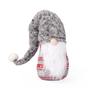 Knitted Nordic gnome Christmas plush with red and grey patterns and a long furry hat