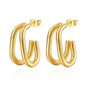 Polished two-tone oval double-loop stainless steel stud earrings in gold finish