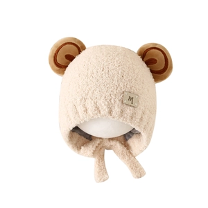 Thick winter baby plush bear ear hat with chin straps and metal M letter logo