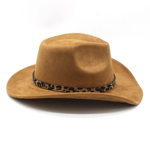 Close-up of brown faux suede cowboy hat featuring a stylish leopard print belt detail