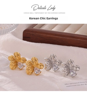 Detailed view of flower-shaped titanium steel studs with matte texture and pear-cut zircon