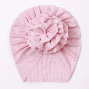 Cute pink ice silk striped baby turban hat with a large 3D rose flower decoration