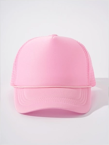 Detailed front view of pink trucker hat with breathable mesh and decorative rope