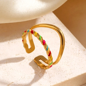 Golden minimalist stainless steel open ring with vibrant multi-color drip oil enamel design