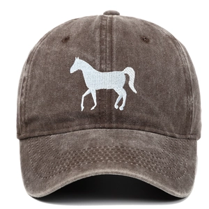 Vintage washed cotton baseball cap with white horse embroidery in dark brown