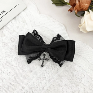 Gothic black ribbon bow hair clip with lace trim and vintage silver cross pendant