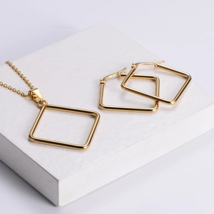 Minimalist gold square pendant necklace and earrings jewelry set in polished steel