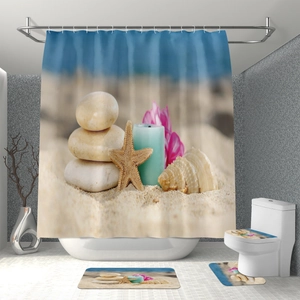 4-piece bathroom set with beach spa theme featuring shower curtain and bath mats