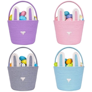 Detail view of woven Easter baskets with bunny ears in purple, pink, gray and blue