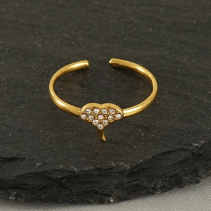 18k gold plated stainless steel open ring with heart shaped diamond inlay for women