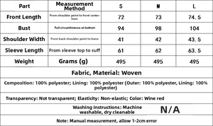 Detailed size chart for solid color lapel blazer showing S, M, L measurements in centimeters