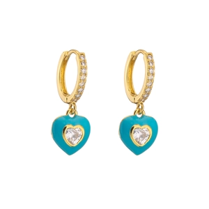 Detail of gold-plated hoop earrings featuring sky blue enamel hearts and zircon accents