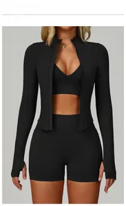 Ensemble de yoga sans couture 3 pièces noir avec veste zippée, brassière et short gainant