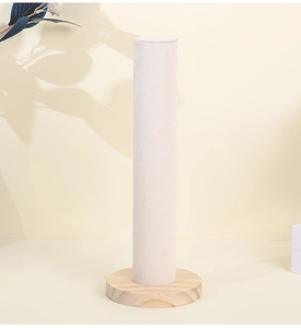 Detail of velvet cylinder jewelry stand with a natural solid wood base for bracelets