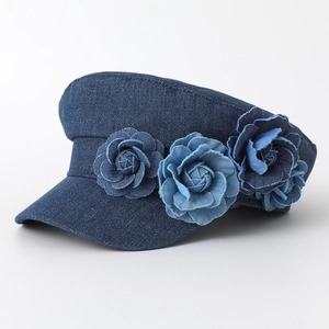 Denim Beret Hat With Handmade Flower Decor Cotton Blend Breathable Retro Newsboy Cap For Women