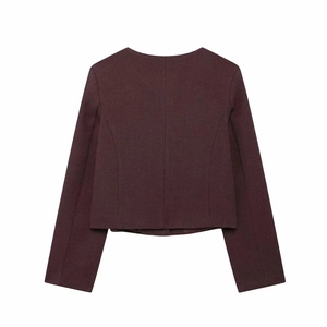 Vue arrière de la veste courte tissée violet foncé avec coupe ajustée pour femme