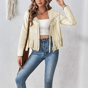 Women's cream faux suede fringe jacket with metallic stud details and long tassels