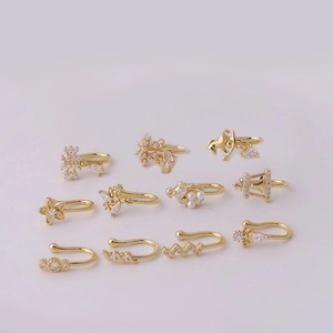 Golden non-pierced nose clips with micro-pave zircons in star and heart shapes