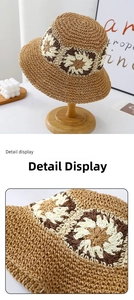 Detailed close-up of handmade crochet sunflower patterns on a woven straw bucket hat
