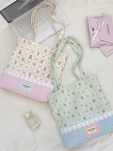 Cute printed quilted tote bags with heart stitching and lace trim for casual school style