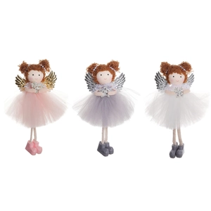 Set of three Christmas angel dolls in pink, grey, and white with glitter wings for tree decor
