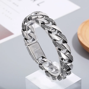 Cuban Link Bracelet 316L Stainless Steel Greek Key Meander Pattern Retro Biker Jewelry For Men