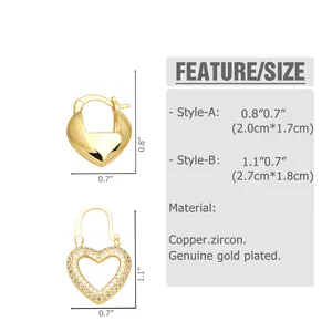 Detailed size specifications for Style-A and Style-B heart earrings in inches and centimeters