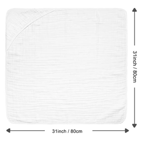 Detail of white 6-layer cotton gauze baby hooded towel showing 80x80cm size texture