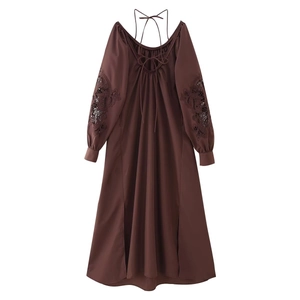 Abito Maxi Donna Maniche Lunghe Ricamo Traforato Lacci Scollo A U Schiena Scoperta Volant Retro Elegante Marrone Poliestere