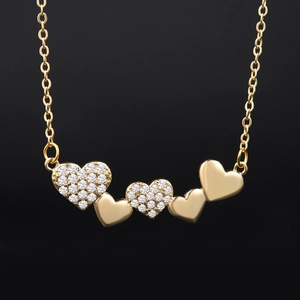 Elegant Heart Necklace For Women Copper With Cubic Zirconia Connected Hearts Dainty Paved Polished Jewelry Gold
