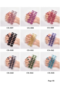 Detailed catalog of colorful 16-piece nail polish stickers in glitter and gradient styles
