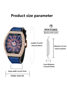 Size chart for the tonneau-shaped diamond quartz watch showing case diameter and strap dimensions